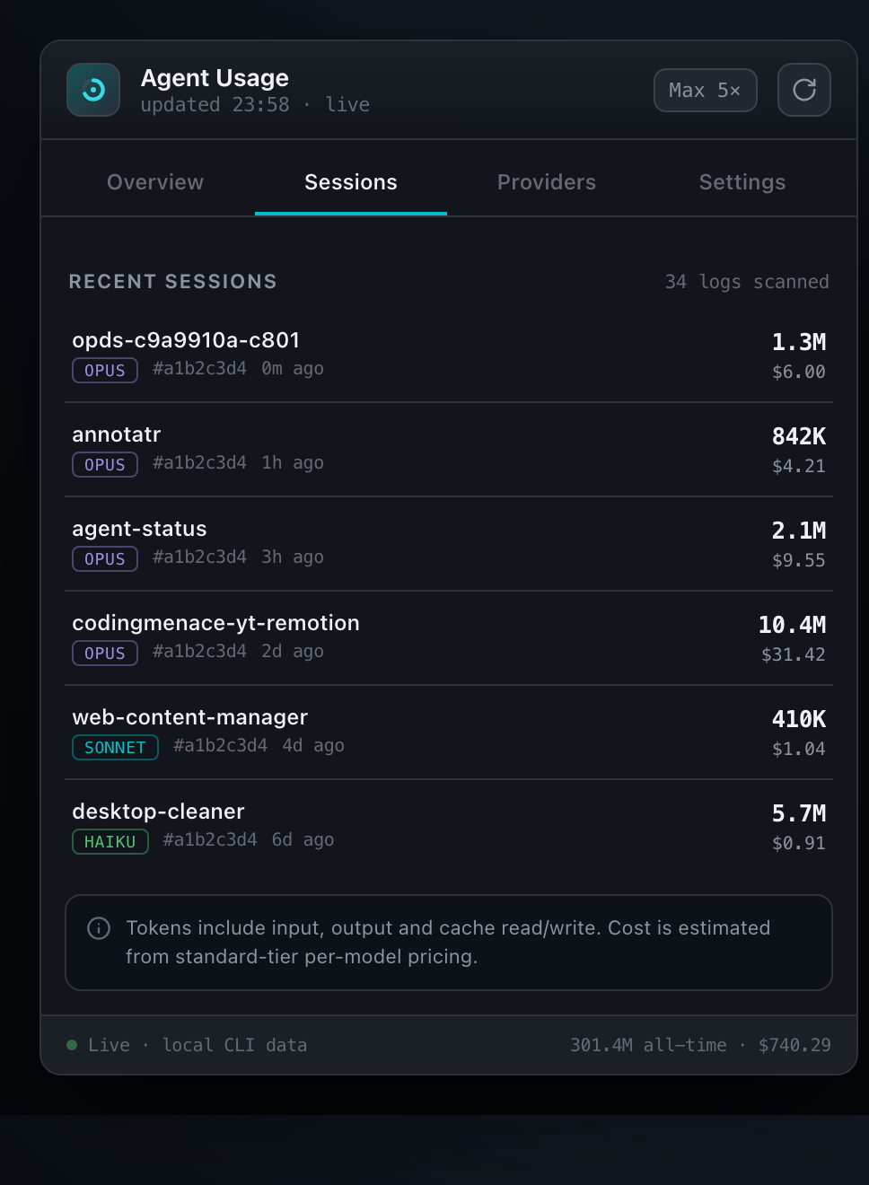 Sessions tab