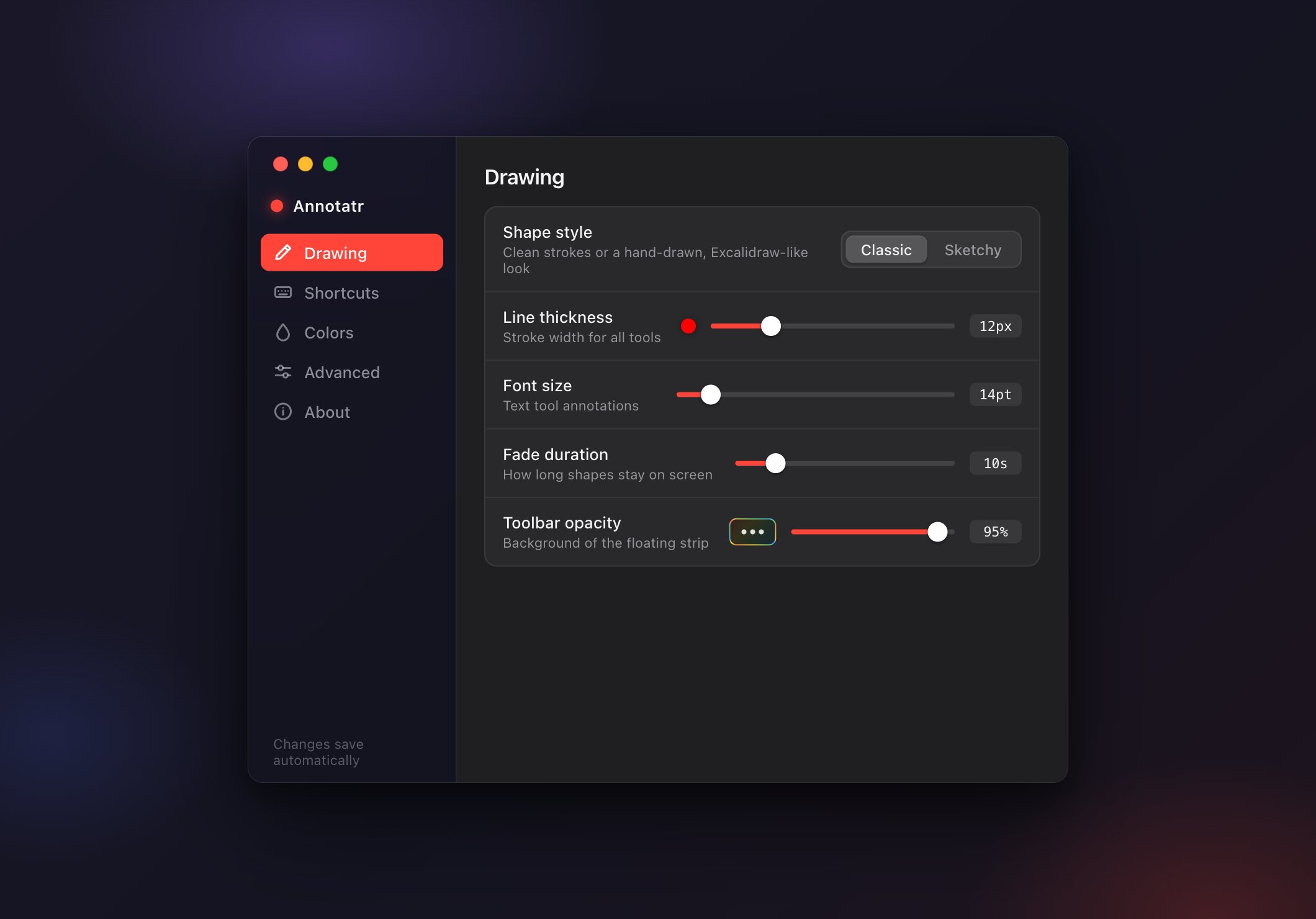 Annotatr settings window, Drawing tab