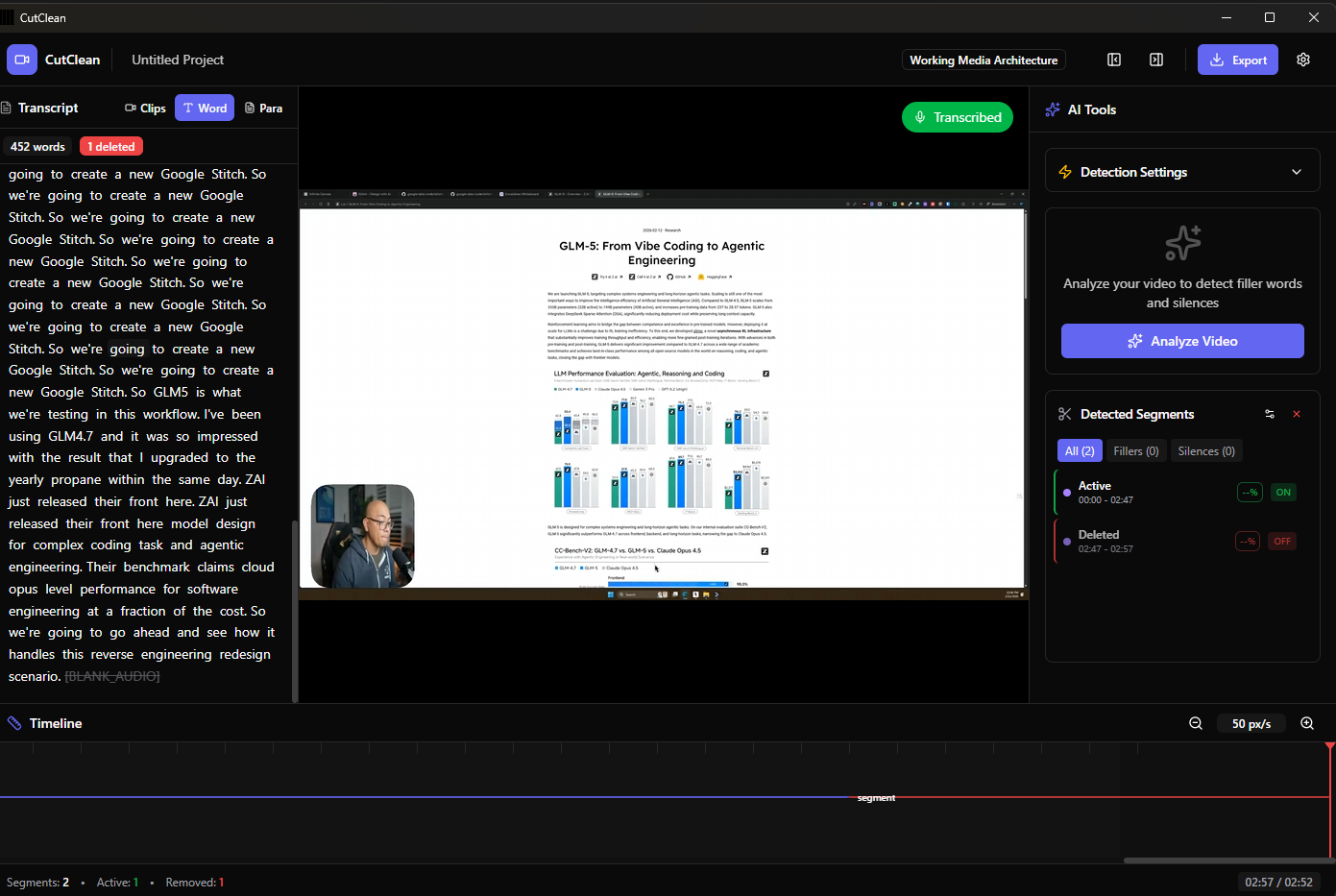 CutClean editor — full editing view with transcript and AI tools