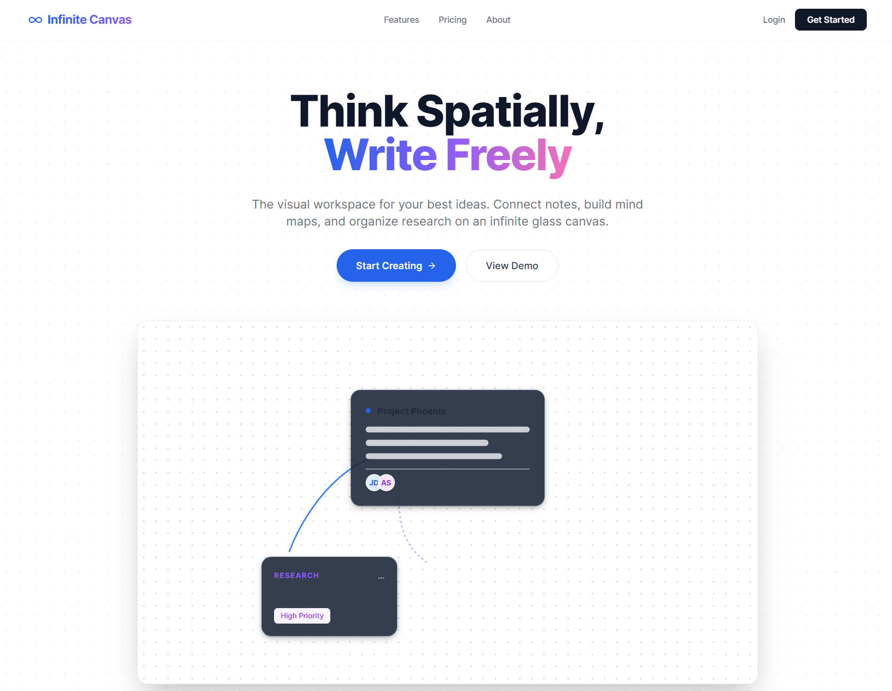 Infinite Canvas landing page in light theme