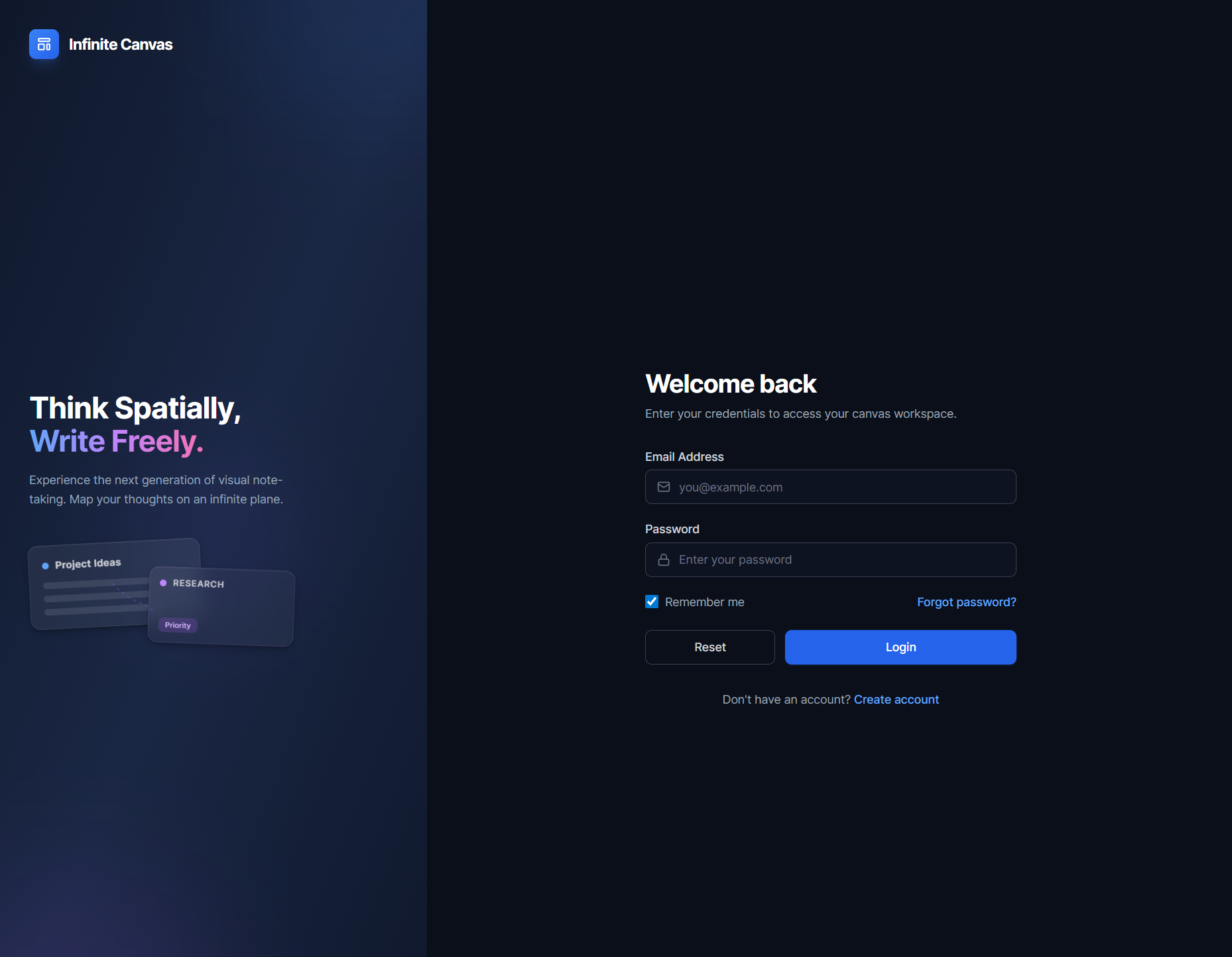 Infinite Canvas login page in dark theme