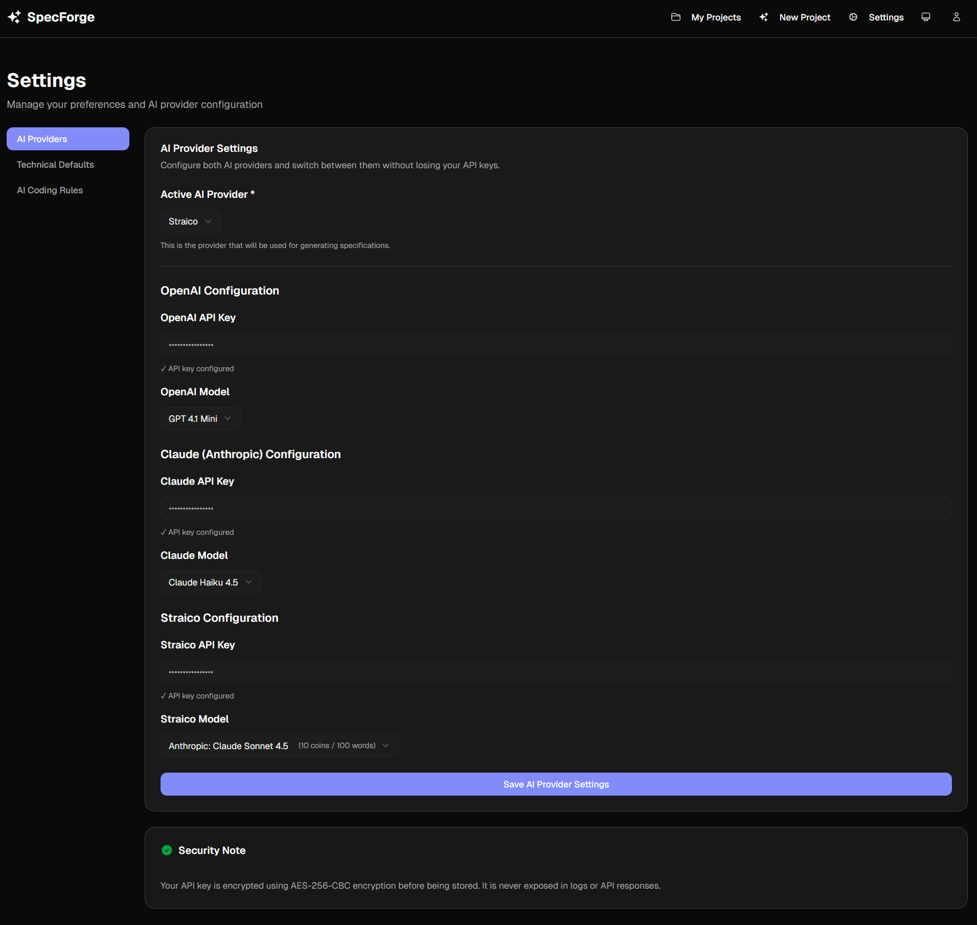 AI provider configuration with OpenAI, Claude, and Straico support