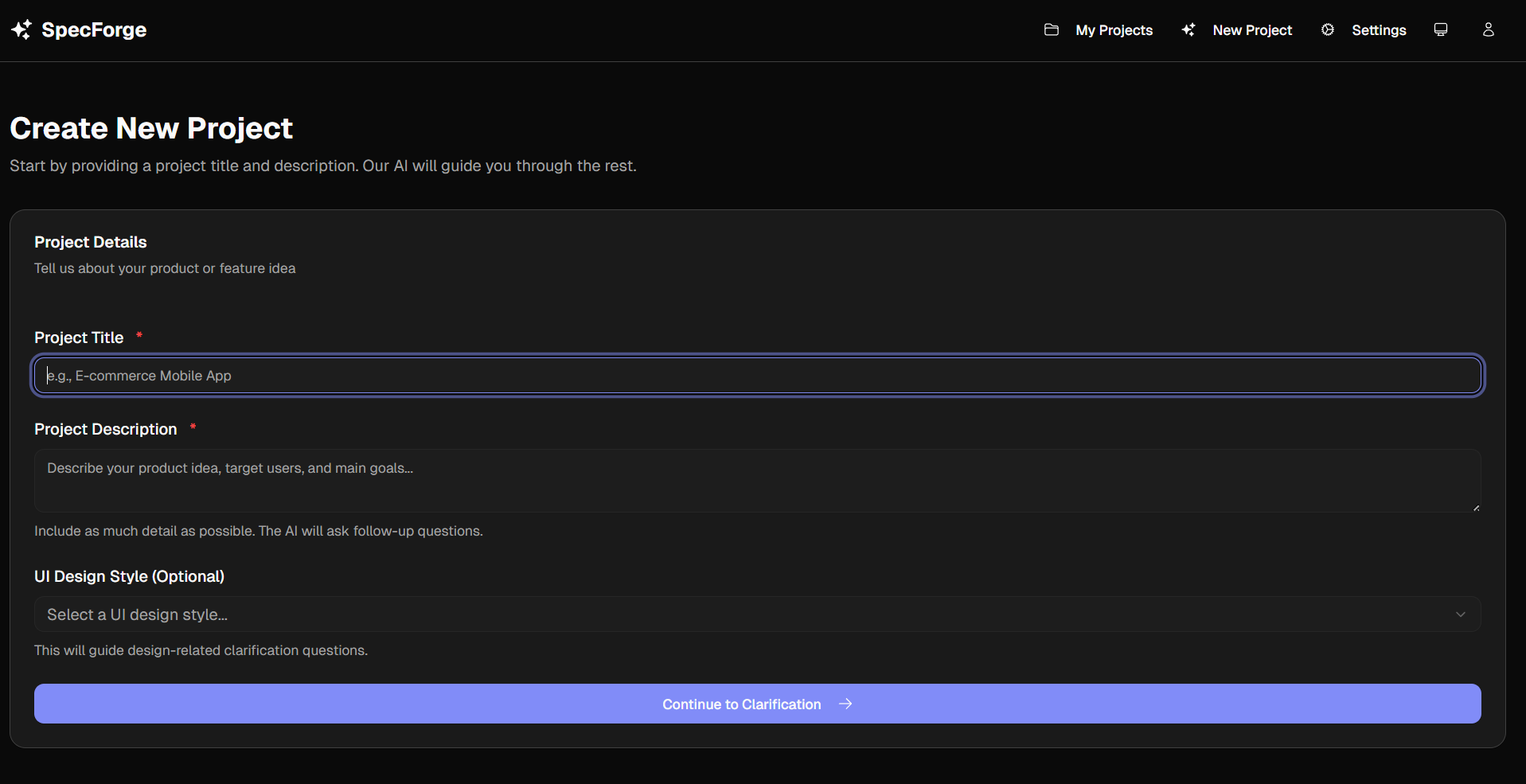 Create new project form with title, description, and UI design style