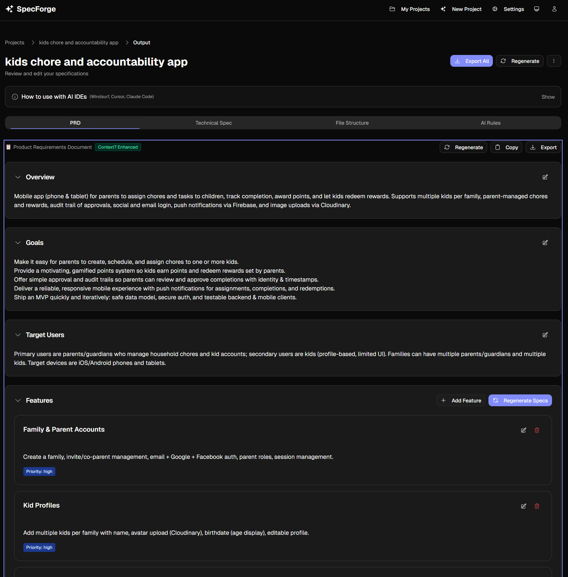 PRD and technical specification output with inline editing and AI rules