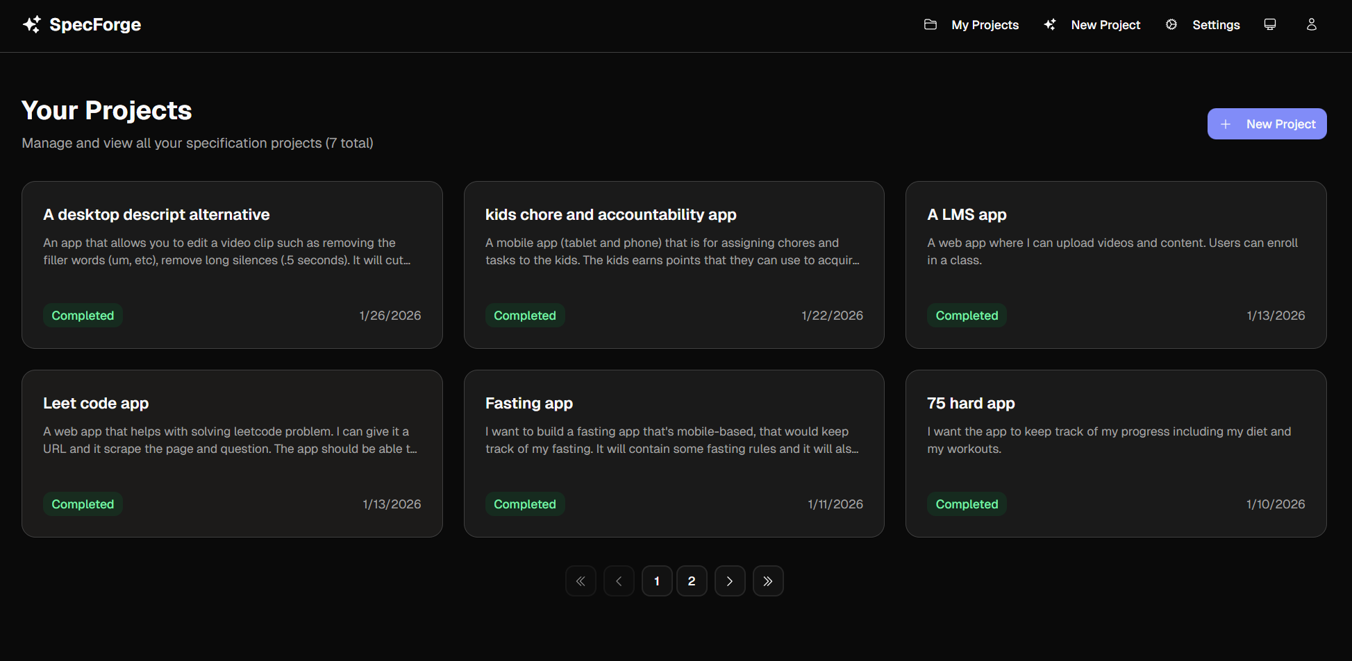 SpecForge projects dashboard with completed projects in dark mode